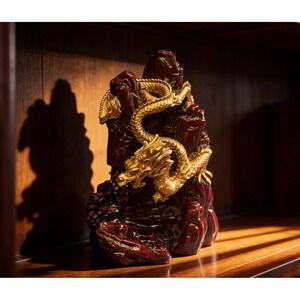 Chinese Golden Dragon Statue on Red Mountain Resin Figurine Feng Shui Decor